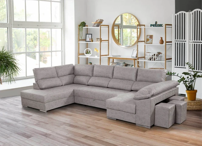 Cloud Chaise Longue Sofa Bed 345x200 cm. Corner, with Storage + 3 Poufs