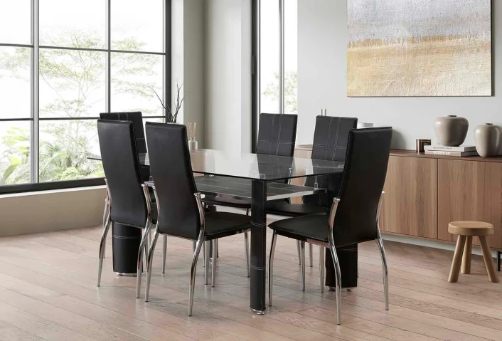 Tempered Glass Table + 6 Faux Leather/Metal Chairs
