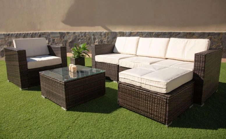 Chaise Longue Sofa + Armchair + Rattan Table Set – Garden and Terrace Furniture