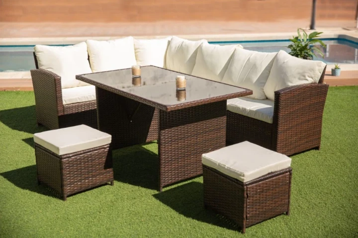 Corner Sofa Set + Table + 2 Rattan Ottomans – Garden and Terrace Furniture