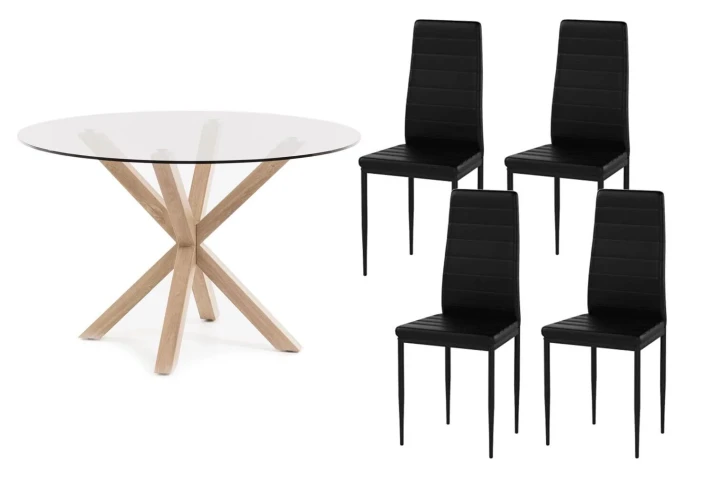 Tempered Glass Round Table Set + Faux Leather/Metal Chairs